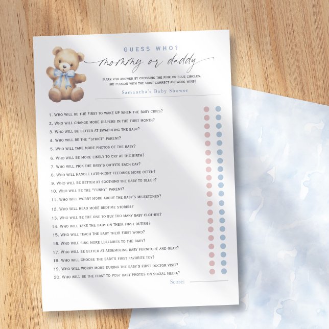 Carte Conseil Blue Bearly Wait–Mommy or Daddy? 20-Questions game (Bearly Wait Themed-Mommy or Daddy Baby Shower Games.)
