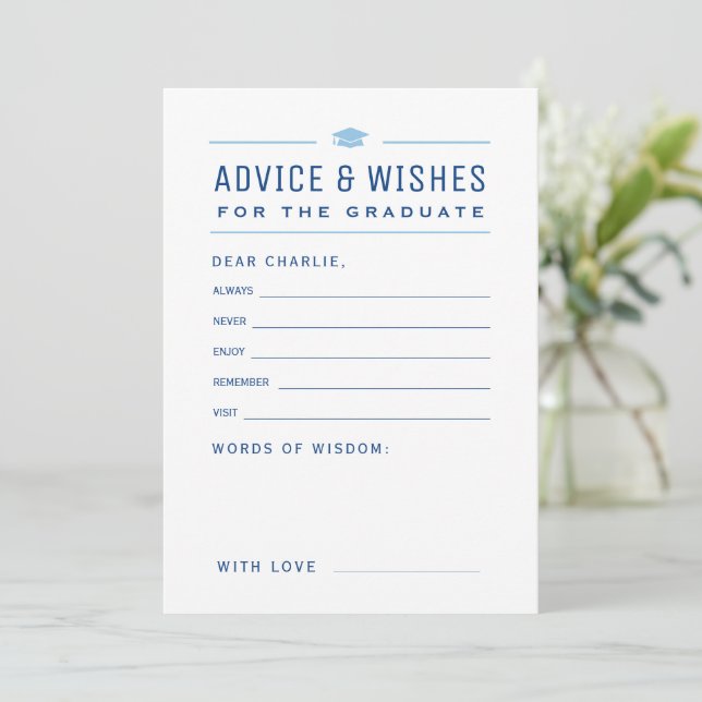Carte Conseil Blue Modern Typography Graduate advice & wishes  (Debout devant)