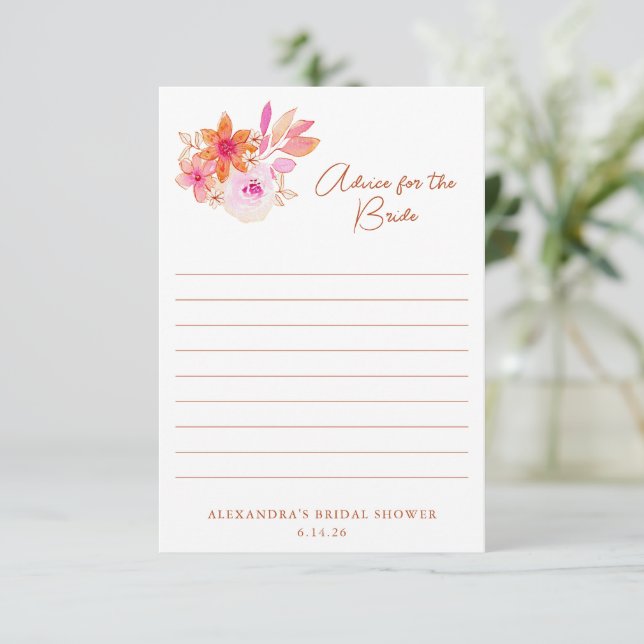 Carte Conseil Boho Rose Orange Fleurs Douche Pour La Mariée (Debout devant)