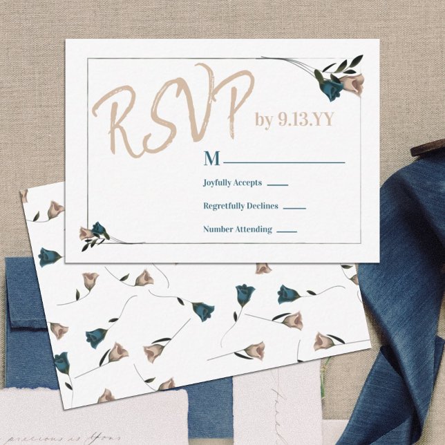 Carte Conseil Botanique Turquoise Vert Beige Rose RSVP (Teal, beige rose rsvp card for teal floral bat mitzvah invitations, script calligraphy reply cards)
