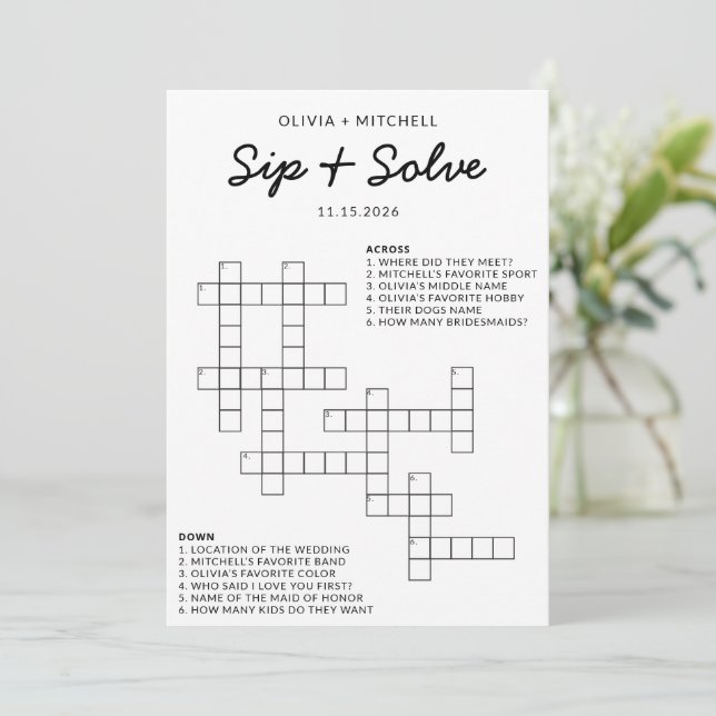 Carte Conseil Bridal Shower Sip and Solve Fun Crossword Game (Debout devant)