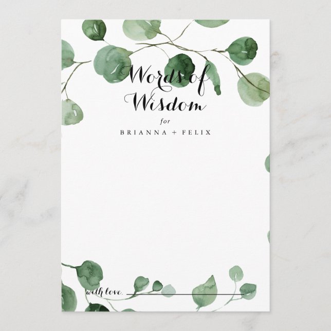 Carte Conseil Calligraphie Mots Mariages de sagesse Eucalyptus (Devant)