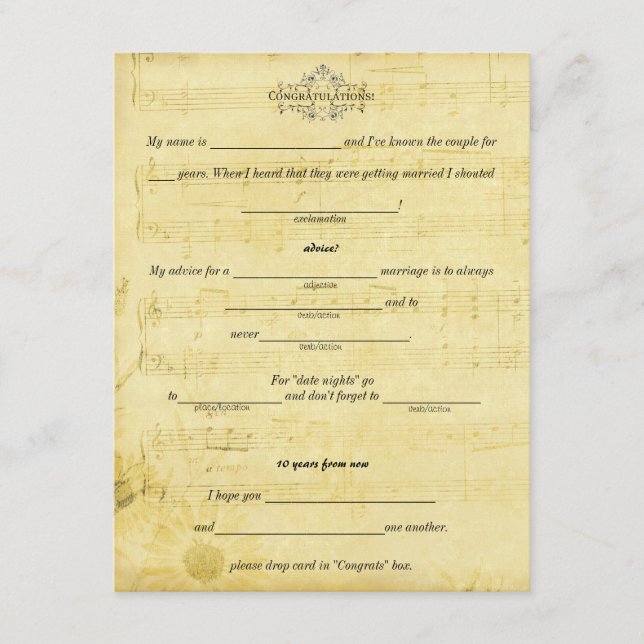 Carte Conseil Conseils de mariage, paroles de sagesse Partition (Devant)