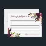 Carte Conseil Conseils de peinture à l'aquarelle Boho Floral Aut<br><div class="desc">Conseils d'inspiration bohème pour la future mariée carte avec illustrations à l'aquarelle de roses et pivoines violettes,  rouges et roses avec accent de plumes. Cette carte sera parfaite pour les fêtes prénuptiales bohèmes et les fêtes prénuptiales d'automne.</div>