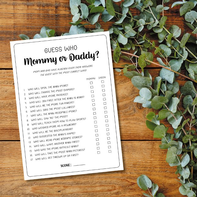 Carte Conseil Devinez qui maman ou papa jeu Baby shower jeu (Créateur téléchargé)