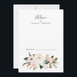 Carte Conseil Élégant Magnolia | Mariage blanc et blanc<br><div class="desc">Cette élégante carte de conseil en mariage blanche et rousse magnolia est parfaite pour un mariage de classe moderne et peut être utilisé pour tout événement. La décoration florale douce est composée de pivoines roses vertes et aquarelles, de magnifiques fleurs de magnolia blanches et de coton avec de l'or et...</div>