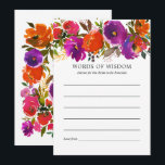 Carte Conseil Fête de mariage floral pourpre et orange<br><div class="desc">Ajoutez une touche significative et mémorable à votre fête de fiançailles avec cette carte de conseils "Mots de sagesse" aux fleurs violettes et orange vibrantes. Conçue avec des fleurs audacieuses à l'aquarelle dans des tons de violet riche, magenta et orange chaud, cette carte élégante invite les invités à partager des...</div>