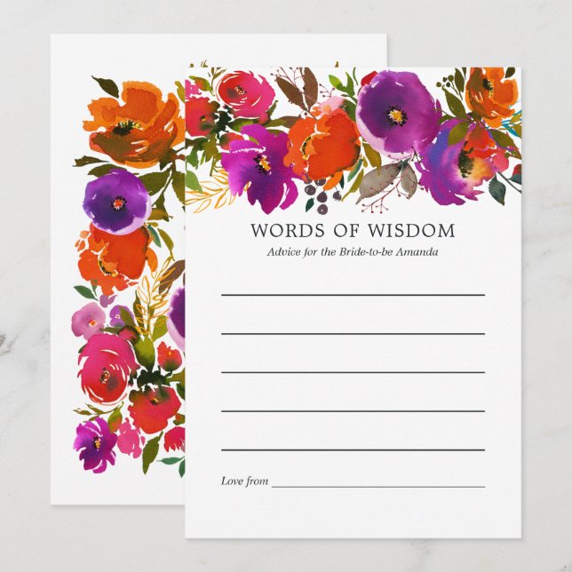 Carte Conseil Fête de mariage floral pourpre et orange (Devant / Derrière)