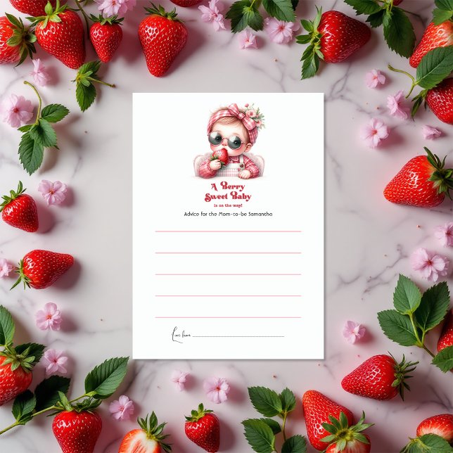 Carte Conseil Fraise rose En vichy Berry Baby shower sucré (Strawberry Pink Gingham Berry Sweet Baby Shower Advice Card)