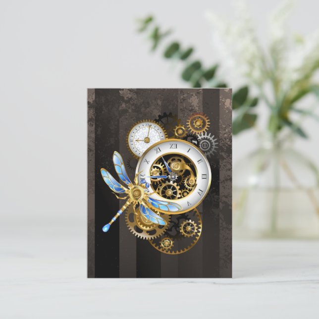 Carte Conseil Horloge à vapeur avec libellule mécanique (Debout devant)