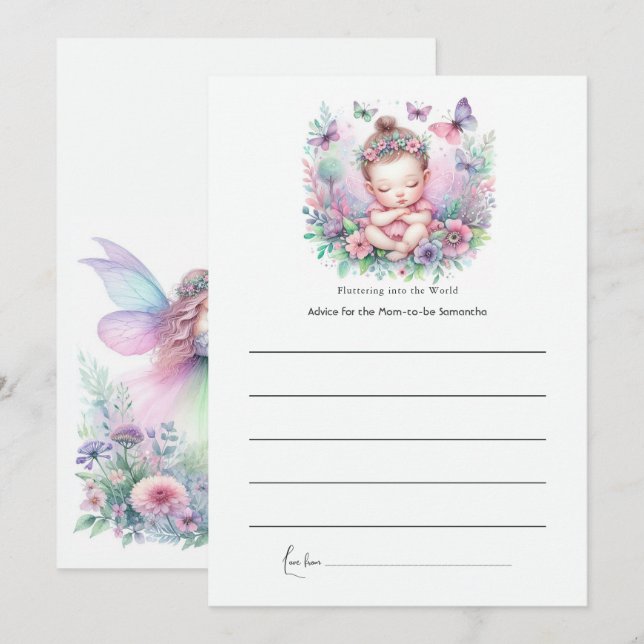 Carte Conseil Jardin de fées et de papillons Fête de bébé Flutte (Devant / Derrière)
