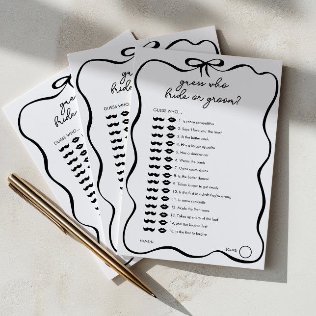 Carte Conseil Jeu de Baby Shower Mariage Ruban Noir Devinez Qui (Guess who bride or groom? Black bow bridal shower game)