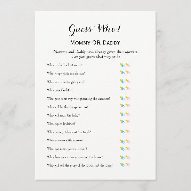 Carte Conseil Jeux de baby shower - Voeux pour bébé et Devinez q (Devant)