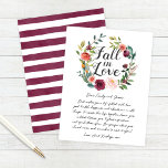 Carte Conseil La Bourgogne rustique chute dans l'amour la couron<br><div class="desc">L'élégante carte de conseil mariage "Fall in Love" présente une couronne rustique de fleurs d'aquarelle d'automne, y compris des roses, des dahlias, des fleurs de pivoines et de la verdure, dans une magnifique palette automnale de rouge bordeaux, jaune doré, rose roux et tons verts. Un motif de coordination bordeaux rayures...</div>