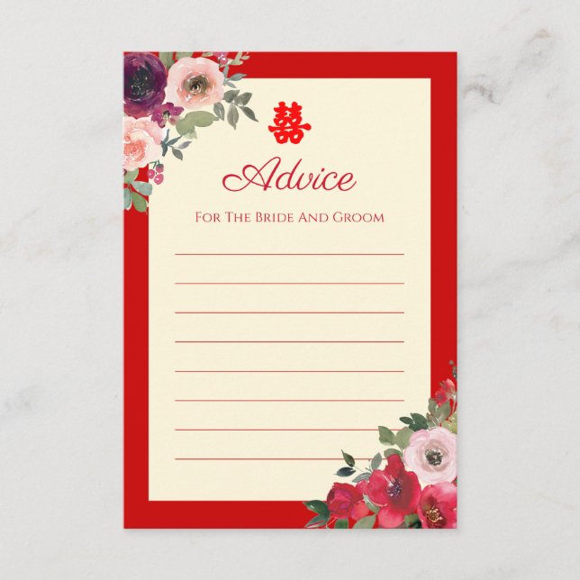 Carte Conseil Mariage chinois rouge jardin floral double bonheur (Devant)