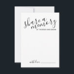 Carte Conseil mariage de script moderne 'Partager une mémoire'<br><div class="desc">Ajoutez une touche personnelle à votre mariage grâce à un conseil et une carte de souhaits de mariage de script moderne. Cette carte comporte le titre "partager une mémoire" en noir style de police de calligraphie moderne et des détails en noir style de police sans serif moderne sur arrière -...</div>