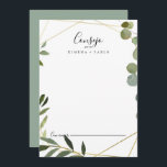 Carte Conseil Mariage espagnol espagnol Feuille géométrique Trop<br><div class="desc">Cette carte de conseil mariage espagnol feuille vert géométrique est parfaite pour un mariage moderne. Le design présente de beaux feuilles verts peints à la main, ornant un cadre géométrique doré. Ces cartes sont parfaites pour un mariage, une douche nuptiale, un baby shower, une fête de remise de diplômes et...</div>
