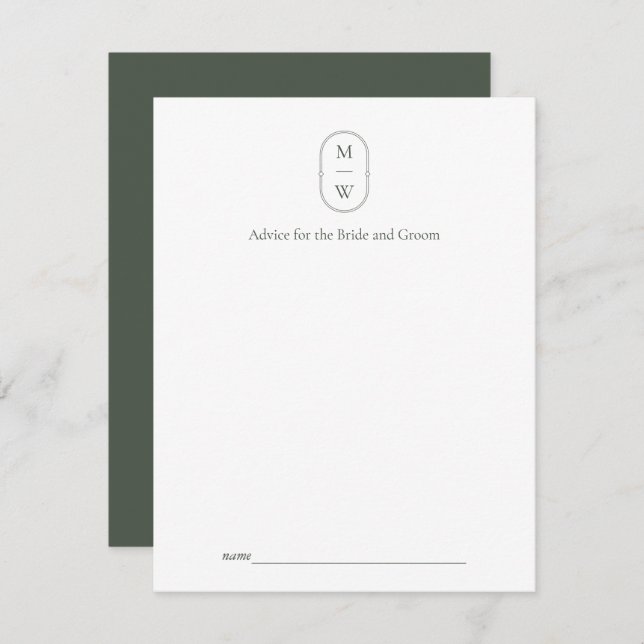 Carte Conseil Mariage vert monogramme minimaliste (Devant / Derrière)