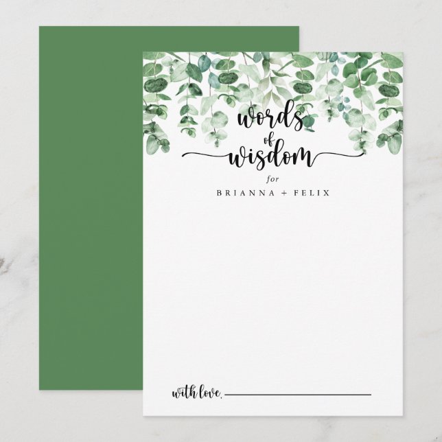 Carte Conseil Mots minimalistes Mariages d'eucalyptus (Devant / Derrière)
