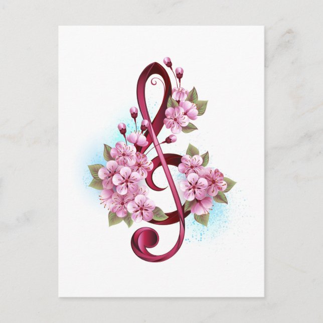 Carte Conseil Musical treble clef notes with sakura flowers (Devant)