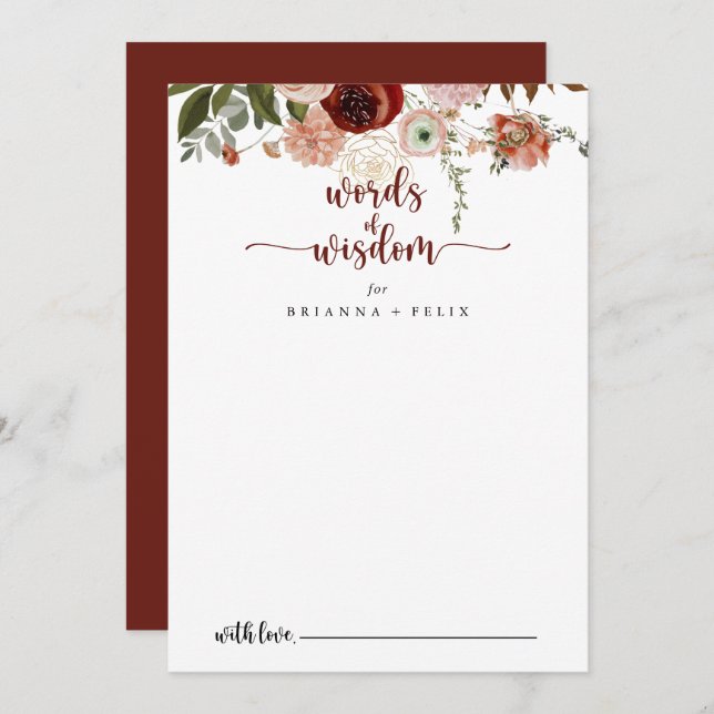 Carte Conseil Or Rustique Floral Mariage Mots de sagesse (Devant / Derrière)