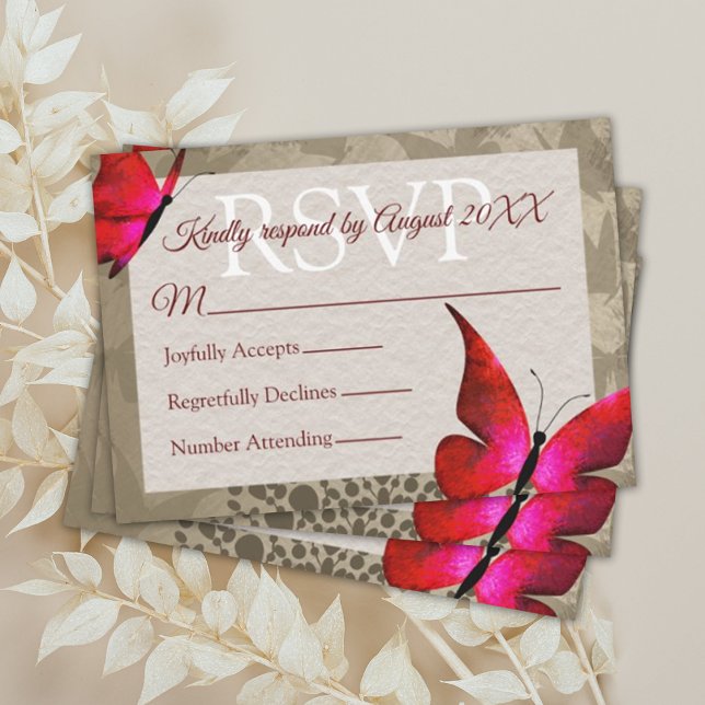 Carte Conseil Papillon rouge, beige Vintage Quinceañera RSVP (Red quinceanera rsvp cards, beige border red butterflies, mis quince reply response cards)