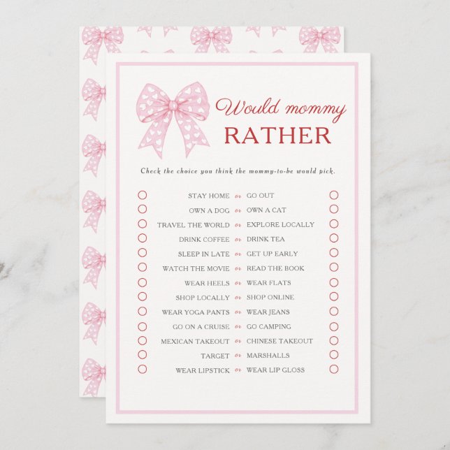 Carte Conseil Pink Bow Chérie Bébé Voudrait Maman Plutôt Jeu (Devant / Derrière)