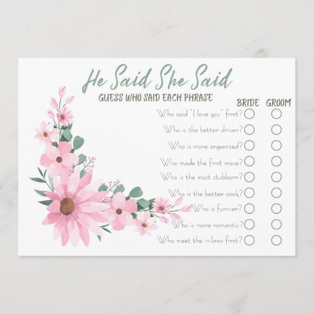 Carte Conseil Pink Flowers He Said She Said Bridal Shower Game (Devant)