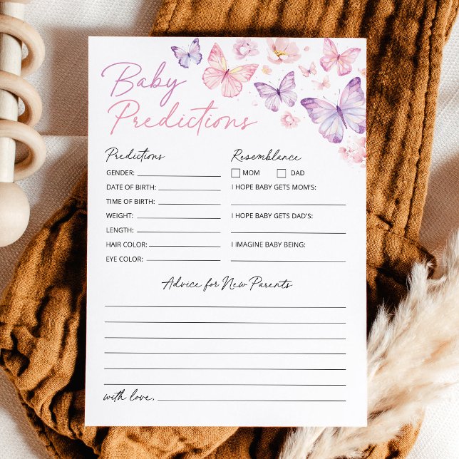 Carte Conseil Prédictions de bébé pour la baby shower Papillon e (Butterfly Baby Predictions Card, Pink Purple Baby Shower Activity, Advice Card, Keepsake Game)