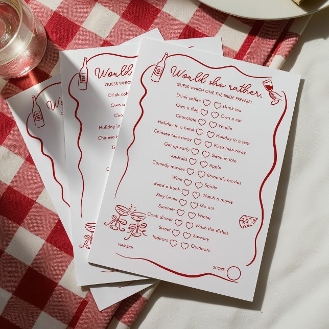 Carte Conseil Préférerait-Elle Jeu de Salle de Mariage C'est l'A (Would She Rather? Italian Themed Bridal Shower Games)