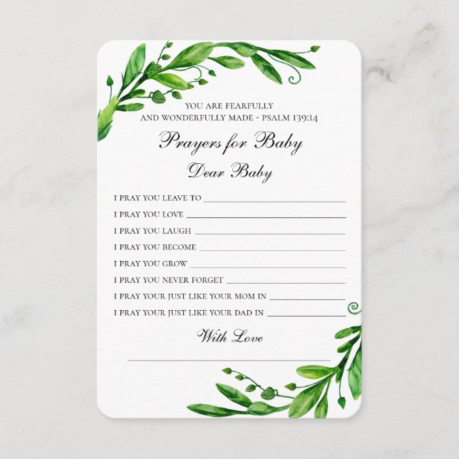 Carte Conseil Prières pour bébé. Des souhaits botaniques verts.  (Devant)
