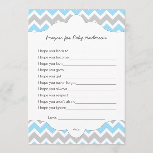 Carte Conseil Prières pour bébé, GARÇON baby shower voeux jeu (Devant)