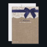 Carte Conseil Ruban de la marine sur Burlap et Mariage de dentel<br><div class="desc">Célébrez avec style avec ces cartes de conseils rustiques. Le design simple et élégant permettra à vos invités d'écrire une note de conseil à garder et à lire dans les années à venir. Le libellé est facile à personnaliser, de sorte que ces cartes peuvent rapidement être transformées en cartes de...</div>