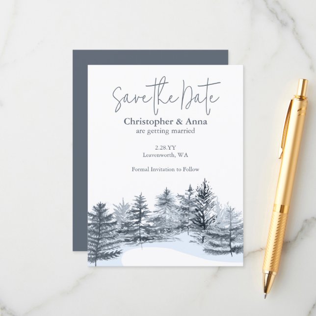 Carte Conseil Rustic Slate Gray Pine Trees Wedding Save the Date (Devant/Arrière en situation)