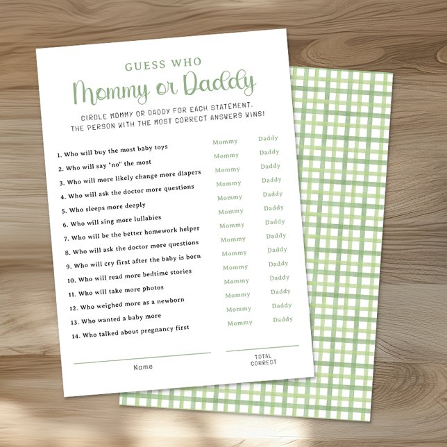 Carte Conseil Sage Green Mommy or Daddy Baby Shower Game Card (Mommy & Daddy Game Sheet)