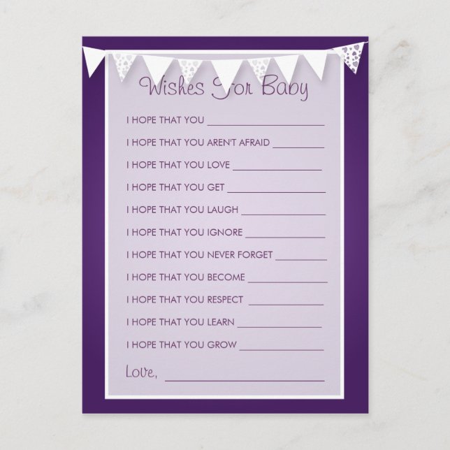 Carte Conseil Souhaits Pour Baby shower Amour Bunple Purple (Devant)