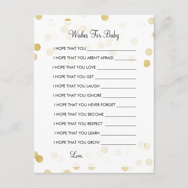Carte Conseil Souhaits Pour Baby shower Gold Foil Parties scinti (Devant)