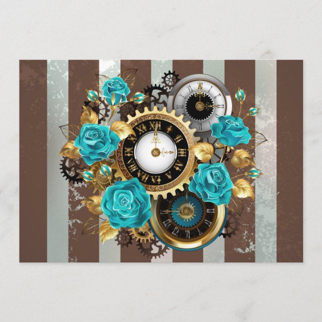 Carte Conseil Steampunk Clock and Turquoise Roses on Striped (Devant)