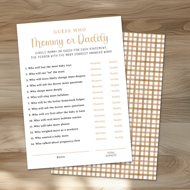 Carte Conseil Taupe Mommy or Daddy Baby Shower Game Card (Mommy or Daddy Game Sheet)