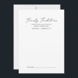 Carte Conseil Traditions familiales de la calligraphie noire<br><div class="desc">Cette délicate carte de conseil de famille calligraphie noire est parfaite pour un mariage moderne et peut être utilisée pour n'importe quel événement. Le design minimaliste romantique présente une belle et élégante typographie noire sur un arrière - plan blanc au look épuré et sobre. Ces cartes de conseil peuvent être...</div>
