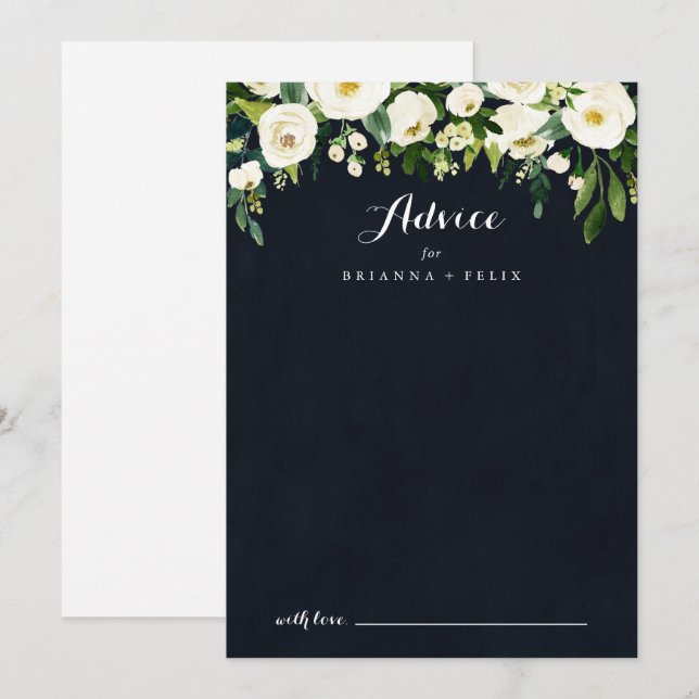 Carte Conseil Vert Blanc Floral Royal Blue Calligraphie Mariage (Devant / Derrière)