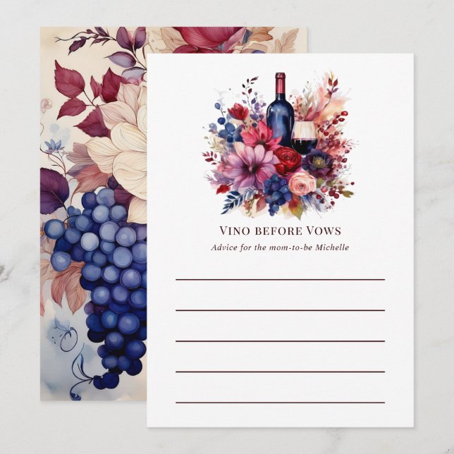 Carte Conseil Vino Before Vows Fleurs Vin Shower de Mariée (Devant / Derrière)