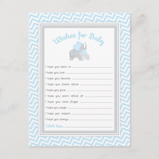 Carte Conseil Voeux Baby shower éléphant pour bébé en gris bleu (Devant)