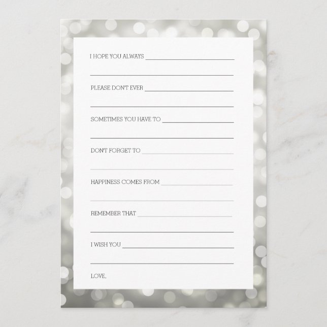 Carte Conseil Wedding shower souhaite Parties scintillant en arg (Devant)