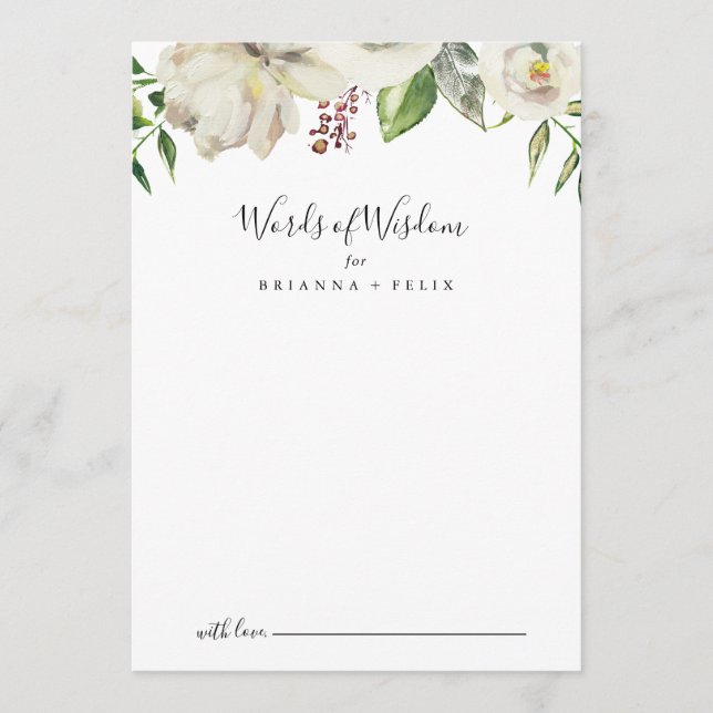 Carte Conseil White Winter Peony Floral Mariage Paroles de sages (Devant)