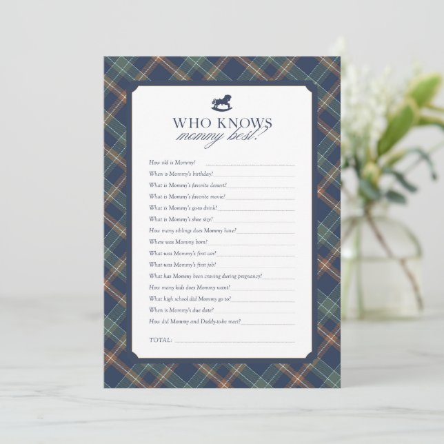Carte Conseil Who Knows Mommy Best Baby Shower Game Navy Plaid (Debout devant)