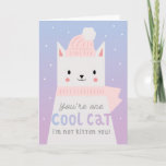 Carte Cool Chat Funny Anniversaire<br><div class="desc">Carte d'anniversaire au jeu de mots mignonne et drôle pour les enfants avec l'illustration d'un chat blanc portant une beanie rose et une écharpe. L'arrière - plan est dans une jolie couleur violet et bleu foncé avec de la neige. Le texte dit "vous êtes un chat cool. Je ne vous...</div>