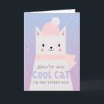 Carte Cool Chat Funny Anniversaire<br><div class="desc">Carte d'anniversaire au jeu de mots mignonne et drôle pour les enfants avec l'illustration d'un chat blanc portant une beanie rose et une écharpe. L'arrière - plan est dans une jolie couleur violet et bleu foncé avec de la neige. Le texte dit "vous êtes un chat cool. Je ne vous...</div>