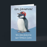 Carte Cool d'anniversaire de Grandson Awesome Penguin Ba<br><div class="desc">Célébrez la journée spéciale de votre petit-fils avec cette carte d'anniversaire ludique et charmante ! Doté d'un mignon manchot portant un casquette de baseball rouge et bleu, ce design aquarelle offre une ambiance cool et légère. Le texte avant, "Hey Grandson, Vous êtes génial et totalement Cool !" est sûr d'apporter...</div>