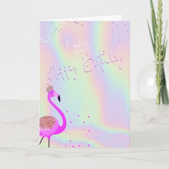Carte Cool Flamingos Hearts Holographic Birthday  (Devant)